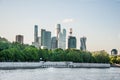 Moscow City from modern Luzhnetskaya embankment along Moscow River Moscow, Russia.