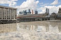 Moscow City and the reflection of skyscrapers from the marble surface. Hotel and the building of the Kyiv railway station.