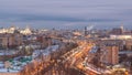 Moscow city Russia skyline aerial panoramic top view day to night timelapse urban winter snow scenery architecture Royalty Free Stock Photo