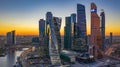 Moscow city skyline aerial view, Moscow International Business and Financial Center at sunset with Moscow river, Russia