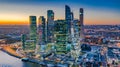 Moscow city skyline aerial view, Moscow International Business and Financial Center at sunset with Moscow river, Russia Royalty Free Stock Photo