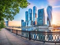 Moscow City skyscrapers behind the openwork fence