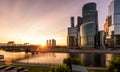 Moscow-City skyscrapers and bridge over Moskva River at sunset, Russia Royalty Free Stock Photo