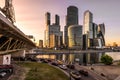 Moscow-City skyscrapers and bridge over Moskva River at sunset, Russia Royalty Free Stock Photo