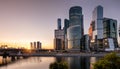 Moscow-City skyscrapers and bridge over Moskva River at sunset, Russia Royalty Free Stock Photo