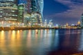 Moscow city skyscrapers and reflection in the Moscow river against the blue sky on a summer night Royalty Free Stock Photo