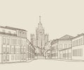 Moscow city street view with famous Stalin skyscraper building on background. Travel Russia engraving skyline