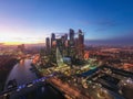 Moscow city sunset aerial view