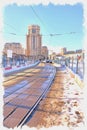 Moscow city. Tram tracks through the reconstructed area. Oil paint. Illustration Royalty Free Stock Photo