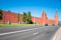 Moscow cityscape around Kremlin Embankment, with Kremlin on the left hand side, people go sightseeing, Russia.