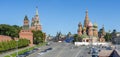 Moscow cityscape with Cathedral of Vasily the Blessed Saint Basil`s Cathedral and Spasskaya Tower on Red Square, Russia Royalty Free Stock Photo