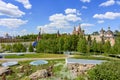 Moscow cityscape with Cathedral of Vasily the Blessed Saint Basil`s Cathedral and towers of Moscow Kremlin from Zaryadye park, Royalty Free Stock Photo