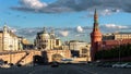 Moscow cityscape, view from Red Square to Bolshoy Moskvoretsky Bridge, Russia. Famous old Kremlin on right