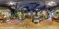Moscow - 2018: 3D spherical dark panorama with 360 degree viewing angle of loft interior of the flower store with fridge and plant