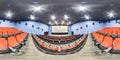 Moscow-2018: 3D spherical panorama with 360 degree viewing angle of cinema hall interior with red color seats and screen. Ready fo