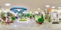 Moscow-2018: 3D spherical panorama with 360 degree viewing angle of the flower shop interior with green plants. Ready for virtual Royalty Free Stock Photo