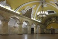 Central hall of Komsomolskaya Koltsevaya metro station with old Soviet symbols in Moscow, Russia. Interior view.