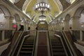 Decorated central hall of Komsomolskaya Koltsevaya metro station in Moscow, Russia. Interior view.