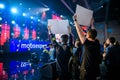 MOSCOW - DECEMBER 23 2019: esports professional gaming event. Happy dedicated electronic sports fans cheering for