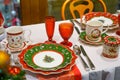 Moscow - December 2019: Festive New Year`s table. Christmas table setting for the holiday. Retro reconstruction in GUM