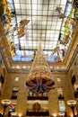 MOSCOW - DECEMBER 2018: New Year`s decoration of GUM main department store with cartoon characters and Christmas tree