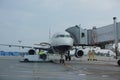 Moscow, Domodedovo 2.09.2020 - high loader loads luggage onto plane on airport