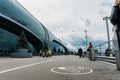 Moscow, Domodedovo, Russia - May 29, 2017: Place for smoking or smoking area in front of the main entrance to Domodedovo airport