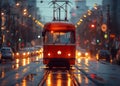 A Moscow downtown a street car of a retro tram going down a street at the early morning Royalty Free Stock Photo