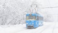 Tram goes during snowstorm in winter, Moscow, Russia Royalty Free Stock Photo