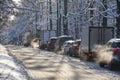 MOSCOW, FEB. 01, 2018: Winter day view on automobiles car in city hard traffic caused by heavy snow in the city. Slow cars traffic