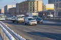 MOSCOW, FEB. 01, 2018: Winter day view on automobiles car in city hard traffic caused by heavy snow in the city. Slow cars traffic