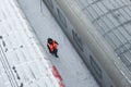 MOSCOW, FEB. 01, 2018: Winter view on railway locomotive in passenger trains depot under snow. Russian Railways snow covered train