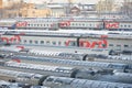 MOSCOW, FEB. 01, 2018: Winter view on railway locomotive in passenger trains depot under snow. Russian Railways snow covered train