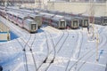 MOSCOW, FEB. 01, 2018: Winter view on railway passenger coaches cars at rail way depot under snow. Passenger trains coaches cars i