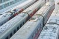 MOSCOW, FEB. 01, 2018: Winter view on railway passenger coaches cars at rail way depot under snow Passenger trains coaches cars in