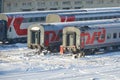 MOSCOW, FEB. 01, 2018: Winter view on railway passenger coaches cars at rail way depot under snow. Passenger trains coaches cars i