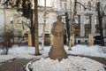 Monument to Leo Tolstoy on Prechistenka in the center of Moscow. Sunny winter view.