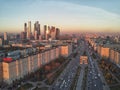 Moscow International Business Center and Moscow urban skyline after sunset. Panorama. Aerial view Royalty Free Stock Photo