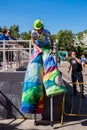 Moscow, Izmailovsky Park, may 27, 2018. Young woman animator on stilts