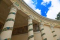 MOSCOW, JUL. 28, 2019: Diagonal wide view on VDNKh pavilion Belarus built in traditional USSR style with flowers and floral elemen