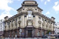 Former Bank of Moscow main office, historic building in Rozhdestvenka street. Sunny summer view.