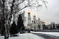 Moscow Kremlin architecture in winter. Spasskaya clock tower
