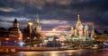 Moscow Kremlin and The Cathedral of Vasily the Blessed known as Saint Basil`s Cathedral in Moscow, Russia at night Royalty Free Stock Photo