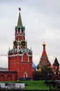 Moscow Kremlin. Color photo. Spasskaya tower and Saint Basil church.
