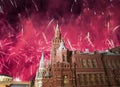 Moscow Kremlin and fireworks in honor of Victory Day celebration WWII, Red Square, Moscow, Russia