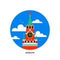 Moscow Kremlin Icon. Spasskaya tower of the Kremlin on red square in Moscow, Russia. Round shape icon, Russian national