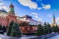 The Moscow Kremlin. The Lenin Mausoleum, the Senate and Nikolskaya Towers at sunset of a sunny day in late autumn. Russia. Royalty Free Stock Photo