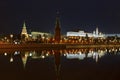 Moscow Kremlin at night with reflection on the water of Moskva river Royalty Free Stock Photo