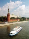 Moscow Kremlin panorama. White cruise ship.