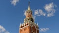 Moscow Kremlin, Red Square. Spasskaya Tower and clock decorated by the ruby star on the top of it. Blue sky background
